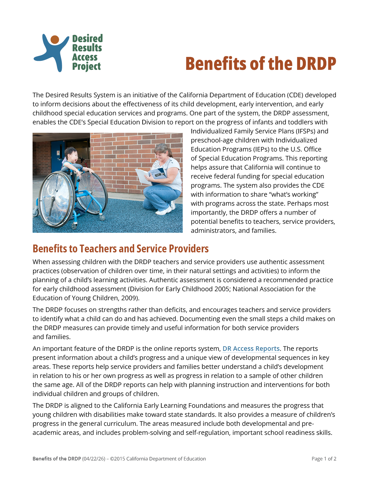 Benifits of the DRDP document page 1